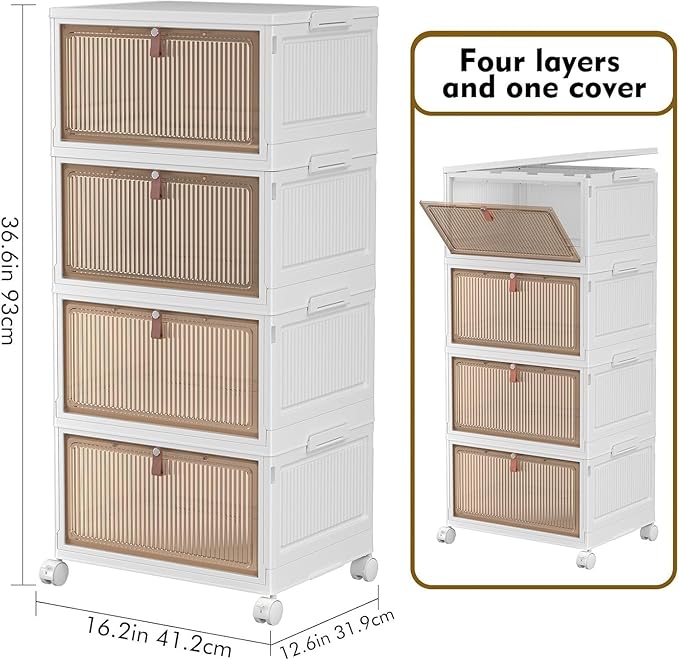 4 Tier Plastic Storage Bins with Lid 28QT - Stackable Storage Containers with Wheels, Folding Storage Boxes, Collapsible Storage Bins, Closet Organizers and Storage