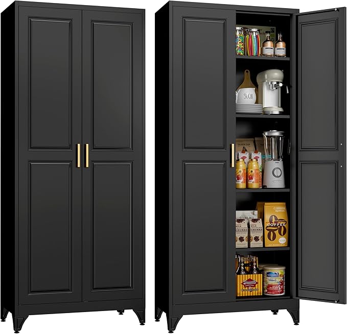 75" Tall Metal Storage Cabinet, Kitchen Pantry Storage Cabinets with Doors and 4 Shelves, Black Pantry Cabinet, Utility Kitchen Cupboard, Large Steel Cabinets for Dining, Office, Living Room