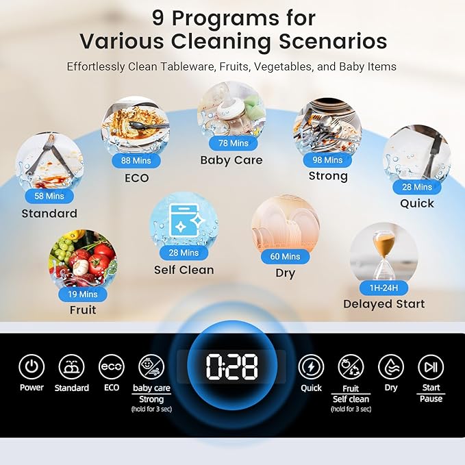 BLITZHOME Countertop Portable Mini Dishwasher, 9 Programs,167℉ High-Temp, Hot Air Drying, Air Refresh, 360° 3 Spray, 24H Timing, LED Light, 5.2L Built-in Water Tank for Apartments RVs