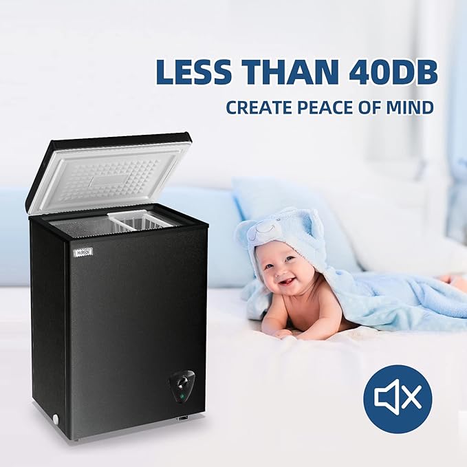 Chest Freezer 3.5 cu.ft Small Deep Freezer Mini Outdoor Black Chest Freezers with 7 Temperature and Removable Basket Settings Ideal for Apartment Office RV Cabin Kitchen