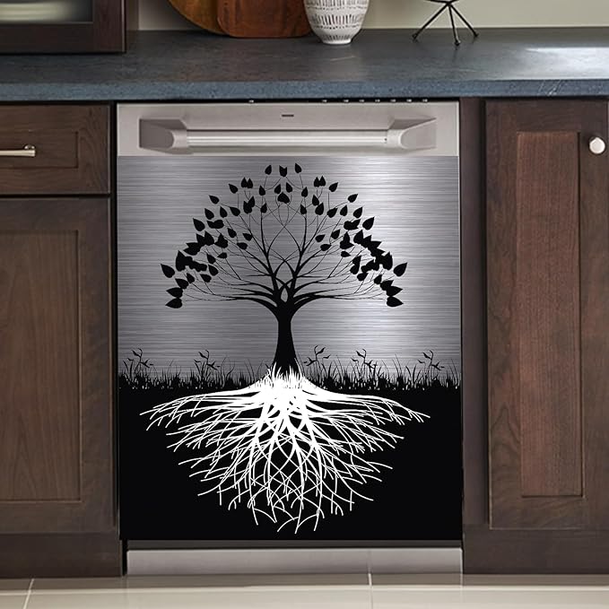 Tree of Life Dishwasher Cover Magnet Decor,23x26inch Large Polishing Metal Dishwasher Front Door,Black Kitchen Dishwasher Decal,Tree Refrigerator Panel,Sliver Metal Magnetic Dishwasher Sticker