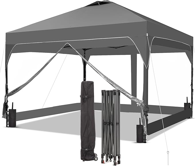 Saemoza 12x12 Pop Up Canopy Tent with One Push Setup, Outdoor Sun Shade Canopy for Backyard Party, Easy Up Instant Shelter with 4 PVC Transparent Sidewalls, 4-Sandbags & Wheel Bag, Grey.