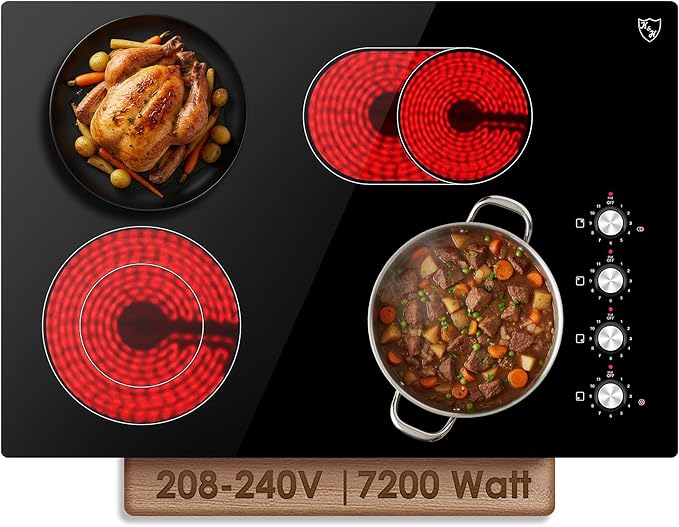 K&H 4 Burner Electric Cooktop - 30 Inch Built-In Radiant Ceramic Stove Top with 11 Power Levels & Knob Control, Compatible with All Cookware, 240V, 7200W High-Power Built-in Electric Stove, CE30-7206K