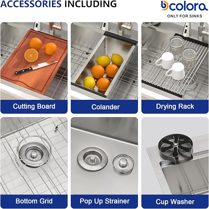 Dcolora 33x22 Workstation Kitchen Sink with Cup Washer, Drop In Luxury Large Single Bowl, 304 Stainless Steel Heavy Duty 16 Gauge, 5 In 1 Valued Accessories #DC-TW258006S