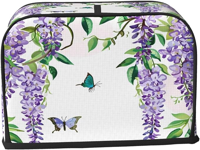 Toaster Cover 2 Slice Spring Purple Wisteria Butterfly Waterproof Appliance Cover with Hang Loop Bread Baker Toaster Cover for Kitchen