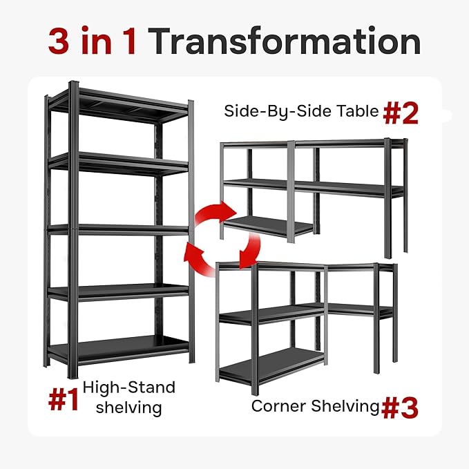 72" H X 45" W Metal Garage Shelving Unit, 3500LBS Storage Shelf, 5-Tier Adjustable Shelving Garage Shelves for Kitchen Warehouse Pantry Basement, Rust-Resistant, 16" D, Black