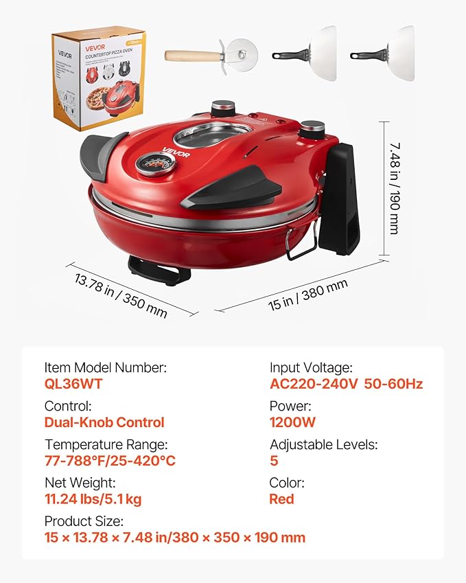 VEVOR Pizza Oven, 12 in Electric Pizza Maker, 1200W Electric Pizzas Cooker with Cordierite Stone, 5-Mode Temperature Control, Viewing Window for Precise Cooking, Heats up to 788 ˚F, for Home (Red)