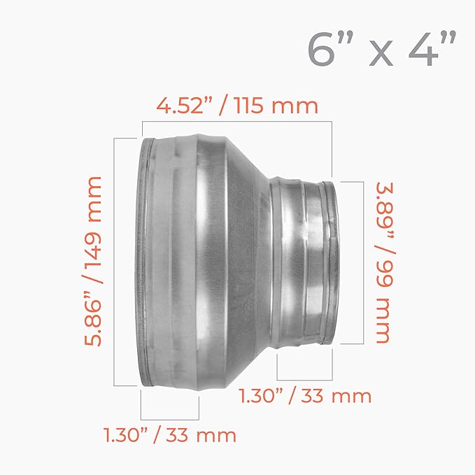 6" to 4" Inch Round Duct Reducer - Male Fit Galvanized Steel Pipe Increaser - Coupling for Round Duct Ventilation Systems - Heating & Cooling