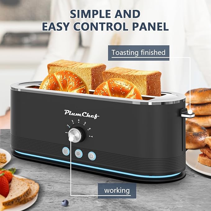 4-Slice Toaster, Extra Wide Long Slot Toaster, 7 Browning Settings, Defrost/Reheat Functions, Removable Crumb Tray, Stainless Steel Housing 1350W, Anti-Fingerprint & Anti-Jam(Black)