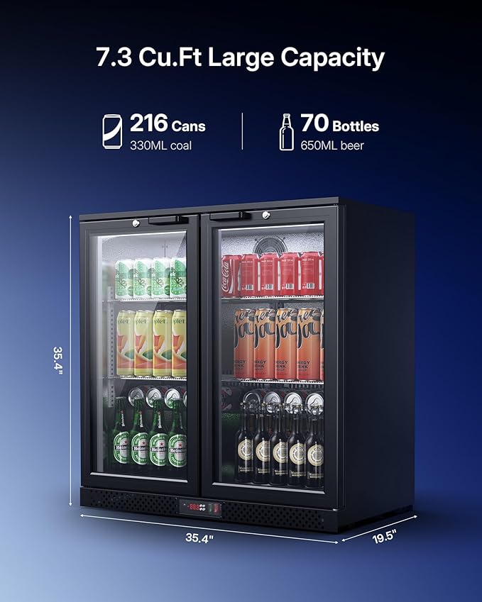 Upstreman 7.3 Cu.Ft Back Bar Cooler With 2 Glass Doors, Commercial Under Counter Beverage Refrigerator, Double-Pane Low-E Glass, Lockable Drink Fridge for Bars, Restaurants, Hotels & Home, BB73