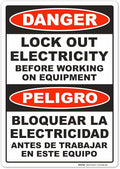 Brimar - 7 x 10" - Bilingual Danger Lock Out Electricity Sign - Lock Out Electricity Before Working On Equipment - 3.5 Mil InfiniStick™ Vinyl Label - Easy Installation - Bilingual Warning