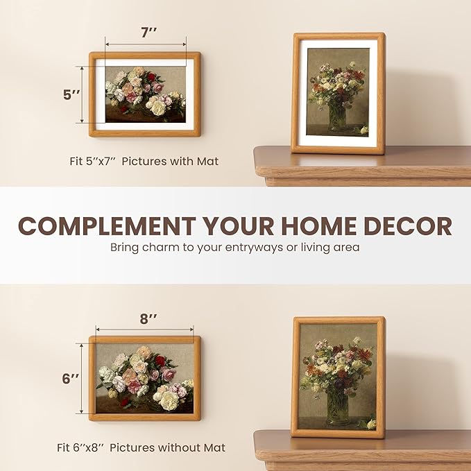 Axeman 6x8 Picture Frame - Solid Teak Wood Frame With Mat for 5x7 - Rounded Corner 6x8 Frame with Tempered Glass for Tabletop Display