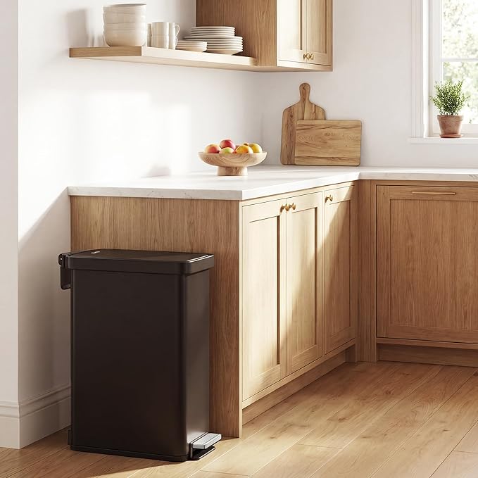 EKO Hudson Slim 50L / 13.2 Gallon Kitchen Trash Can with Lid, Stainless Steel Step Garbage Can for Kitchen or Home, Space-Saving Garbage Can with Soft Close Lid, Stay-Open, Liner Ring, Matte Black