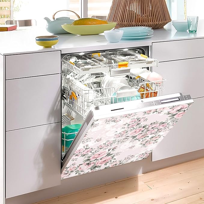 Floral Pink Roses Bouquets Dishwasher Magnet Cover Sticker Magnetic Refrigerator Panel Front Door Fridge Microwave Decal Decorative Vinyl