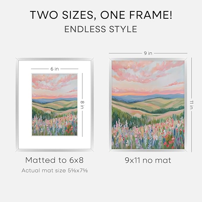 Homeforia 9x11 Picture Frame Silver, High End Metal 9 x 11 Frames with Mat 6 by 8 inch Photo, 9by11 Poster Frame Matted to 6x8 in Print, 11x9 Wall or Tabletop Frame, Tempered Glass, Wall Kit, Set of 3