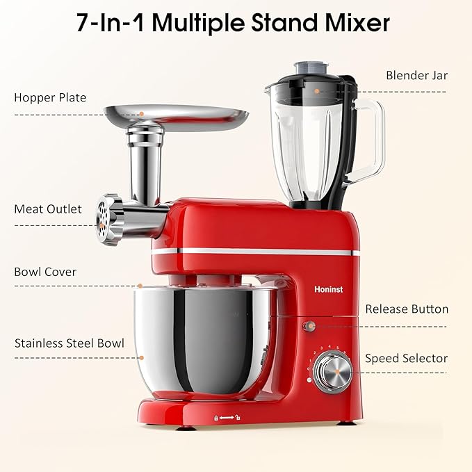 Stand Mixer, 7-IN-1 6.5QT 660W Multifunctional Electric Kitchen Mixers with Blender, Meat Grinder, Dough Hook, Whisk and Beater, 8-Speed Food Mixer for Baking, Cooking, Food Processing, Red