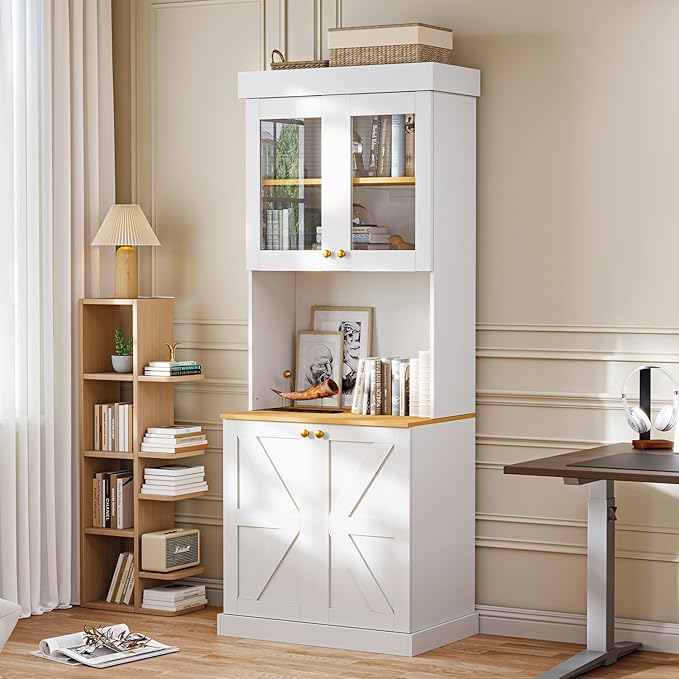 Vyre 71" Farmhouse Kitchen Pantry Cabinet Set of 4, White Freestanding Coffee Bar Hutch with Glass Doors & Adjustable Shelves, Large Storage Cabinet with Microwave Stand for Living Room & Kitchen