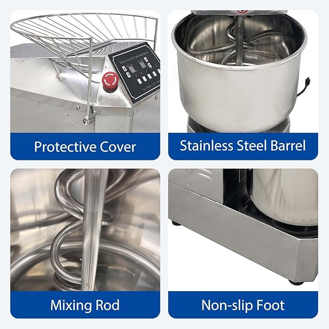 20QT Commercial Stand Dough Mixer Double Action Fast and Slow Speed Spiral Electric Flour Mixing Machine for Professional Bread Making Kneading Machine with Speed Time Control 20L 1100W