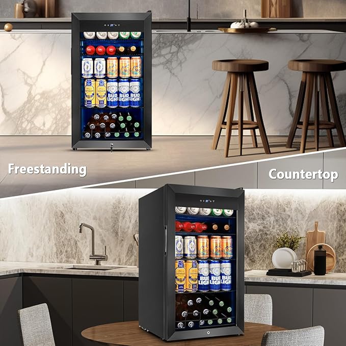 Tylza Beverage Refrigerator Cooler, 130 Cans 3.22 Cu.Ft Small Refrigerator with Low-E Glass Door, Lock, 17-Inch Beer Fridge for Drinks, Beer and Wine, Mini Fridge for Bedroom, Office and Bar, Black