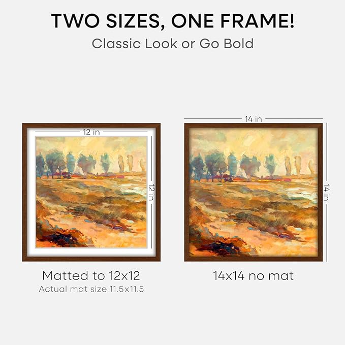 Homeforia 14x14 Picture Frame Brown, High End Dark Oak 14 x 14 Square Wood Frame with Mat 12 x 12 for Photo, 14by14 Wooden Walnut Poster Frame Matted to 12x12 Print, Tempered Glass, Wall Kit, Set of 2