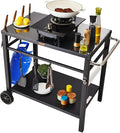 VEVOR Outdoor Grill Cart with Double-Shelf, BBQ Movable Food Prep Table with PVC Placemat, Black Iron Table Top, Portable Modular Carts for Pizza Oven, Worktable with 2 Wheels, Carry Handle