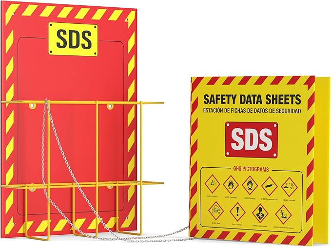 MSDS Wall Station with 3” SDS Binder & Wire Rack, OSHA/GHS Safety Data Sheet Station, Bilingual Labels, Display Sign, Chain & Mounting Hardware