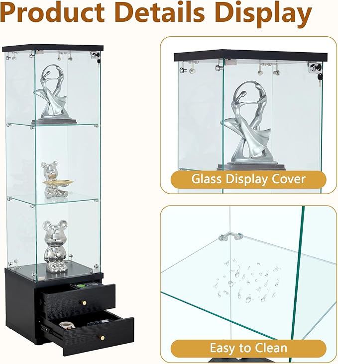 Yoluckea 3 Shelves Glass Display Cabinet with 2 Soft-Close Storage Drawers, Curio Collection Glass Display Case with Door & Lock, Floor Standing Bookshelf Corner Cabinet for Book Toys Glory (Black)