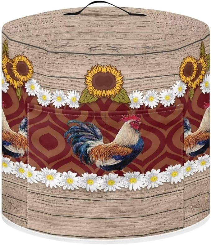 Air Fryer Cover Compatible with 8 Quart Instant Pot, Dust Protection Insulated Kitchen Appliance Cover with Top Handle and Storage Pockets for Gift, Daisy Rooster Wood Grain