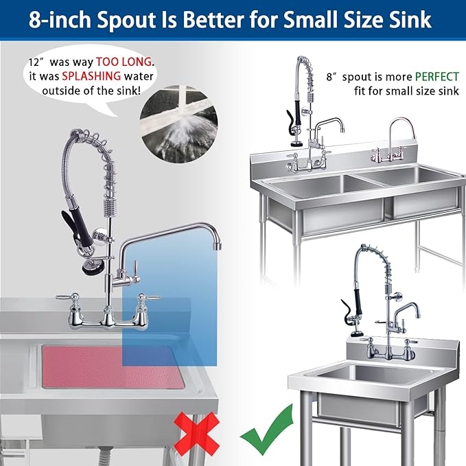Commercial Sink Faucet with Sprayer with 8 Inch Swivel Spout 8" Center Wall Mount 3 Compartment Sink Faucet 24" Height Pre Rinse for Commercial Restaurant Kitchen, Chrome, Solid Brass