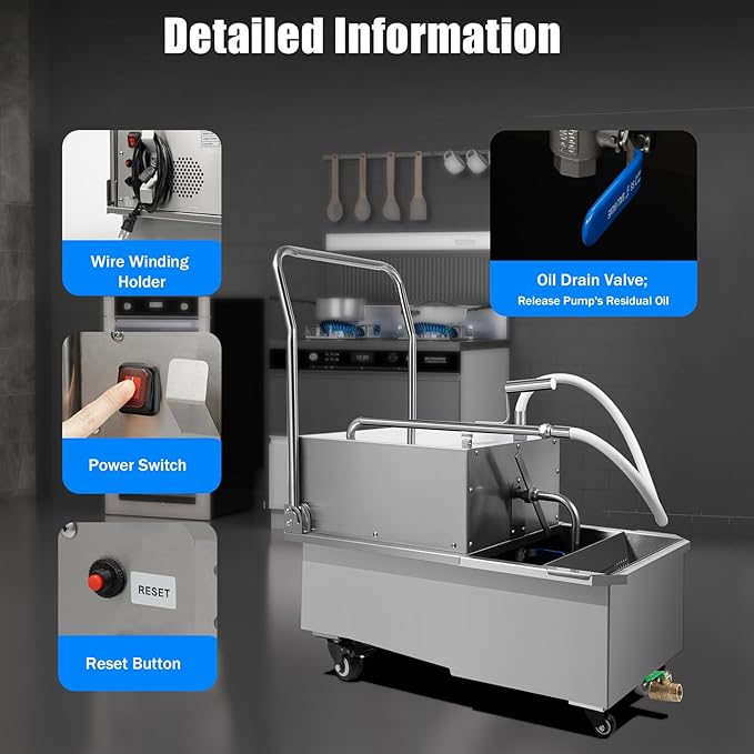 Commercial Gal Fryer Filter Machine, Stainless Steel Mobile Oil Filtration System with Overloading & Overheating Protection, Deep Fryer Oil Filter Cart for Restaurant, Supermarket, Canteen