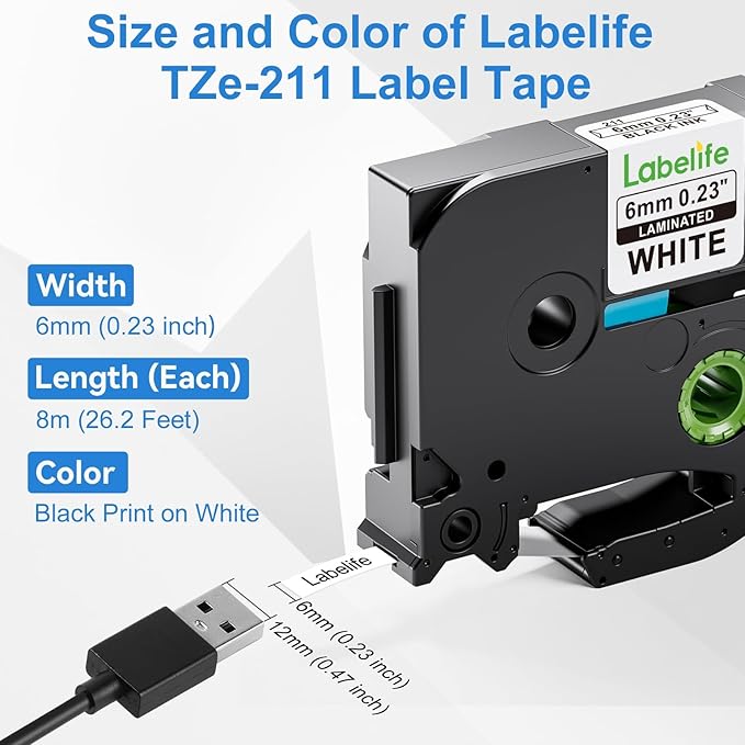 Labelife 6mm Label Tape TZe-211 Replacement for Brother P Touch TZe TZ Tape 6mm 0.23 Laminated White Label Tape TZe211 TZ-211 for Brother Label Maker PT-D210 PT-D220 PT-H110 PT-D200, 1/4 Inch, 5-Pack