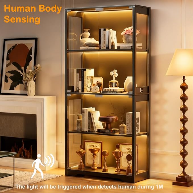 Display Cabinet with Glass Doors, Curio Cabinet with 3 LED Lights and Human Body Sensor, Bookcase with 4 Shelves Storage Cabinets, Black