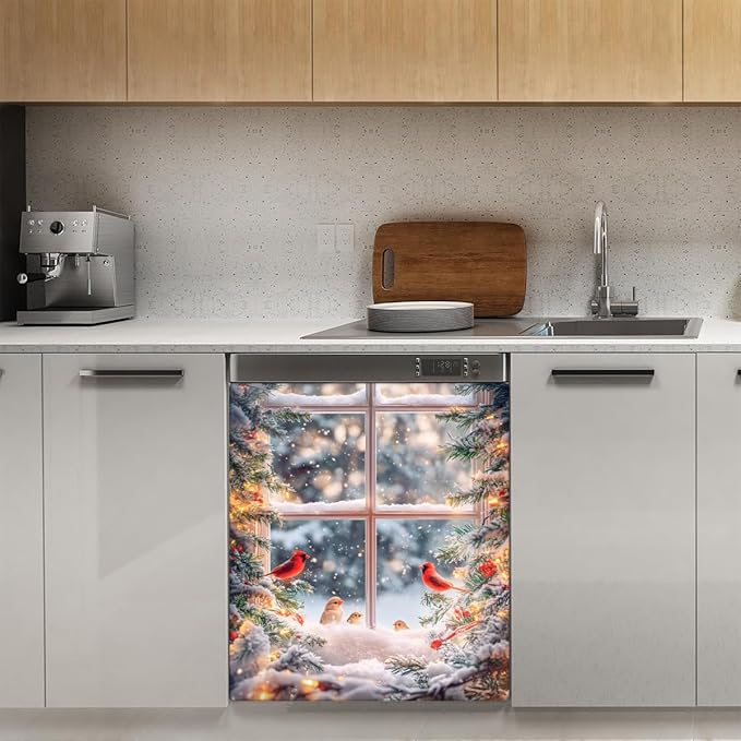 Christmas Tree Cardinal Snow Dishwasher Magnet Cover for The Front Dishwasher Door Cover Panel Decals Magnetic Refrigerator Cover for Kitchen Farmhouse Home Decor（23 X 26 in）