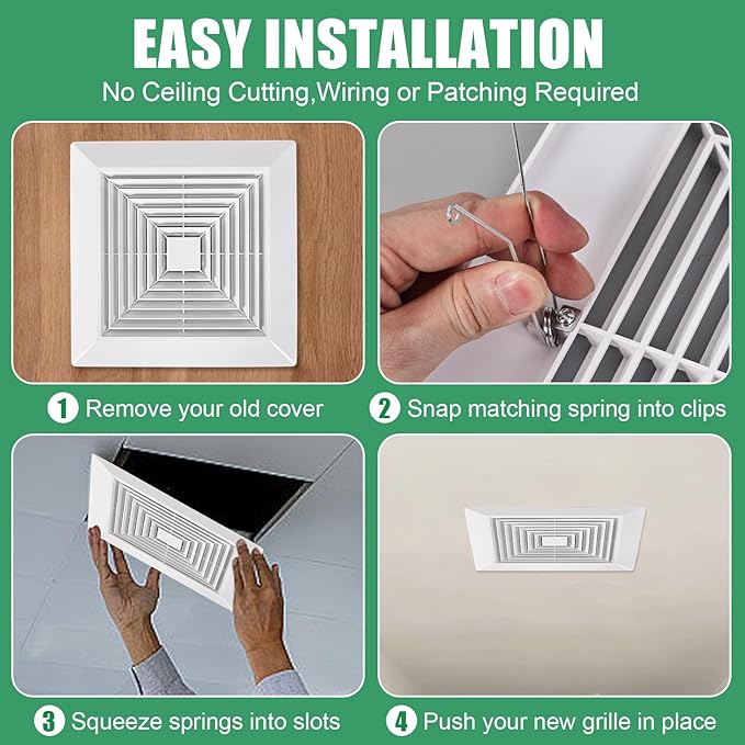 White (1 Piece 12" x12"Inch） Bathroom Exhaust Fan Cover with Spring, Square Ceiling or Wall Mounted Exhaust Fan, Ceiling Fan, Grille, Air Diffuser, Diverter Ventilation Hood, Replacement Accessories