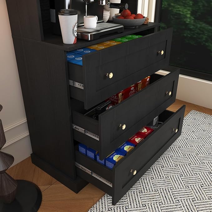 Vyre 71" Farmhouse Kitchen Pantry Cabinet Set of 4, Black Freestanding Coffee Bar Hutch with Drawers & Adjustable Shelves, Large Storage Cabinet with Microwave Stand for Living Room & Kitchen