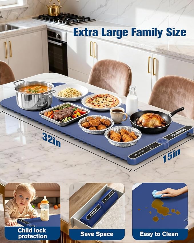 Food Warming Mat Extra Large, Rapid Heating Electric Warming Tray with 9 Temp Setting and 6 Hours Timer,Foldable Warming Trays for Food, Portable Food Warmers for Parties Buffet, Blue