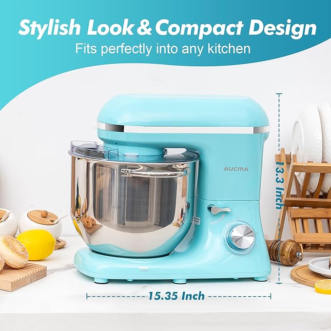 Aucma Stand Mixer, 8QT 900W 6-Speed Tilt-Head Food Mixer, Kitchen Electric Mixer with Dough Hook, Wire Whip & Beater (Blue, 8QT)