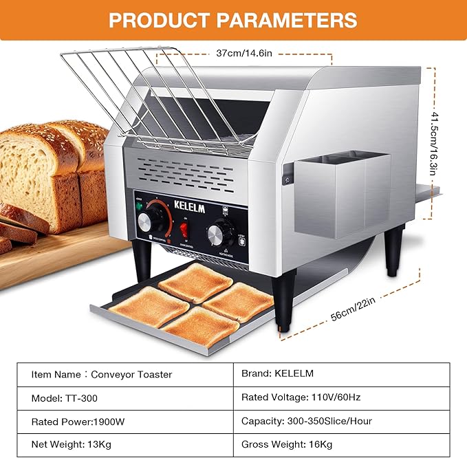 Conveyor Toaster,Commercial Toaster,Heavy Duty Restaurant Toaster,Electric Stainless Steel Toaster Conveyor 300 Slices for Bread Bun Bagel Baked Food,1.9KW