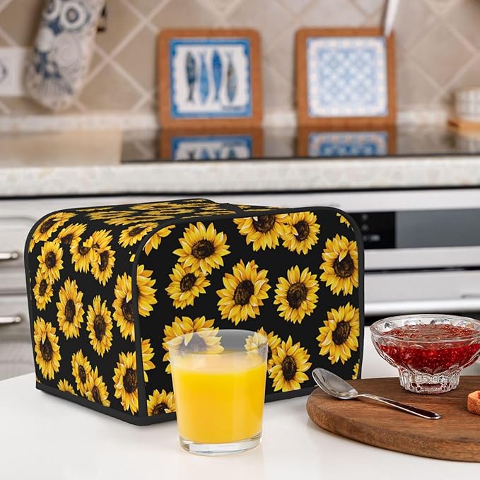 Sunflower Stylish Black 4 Slice Toaster Cover, Waterproof Toaster Dust Cover Bread Maker Protective For Small Kitchen Appliance Dining Room Table Home Decor Gifts