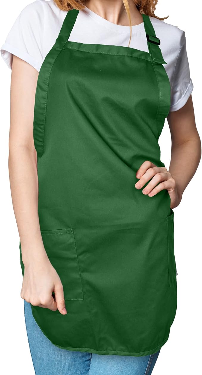 Apron Commercial Restaurant Home Bib Spun Poly Cotton Kitchen Aprons (2 Pockets) in Dark Green 12 Pack