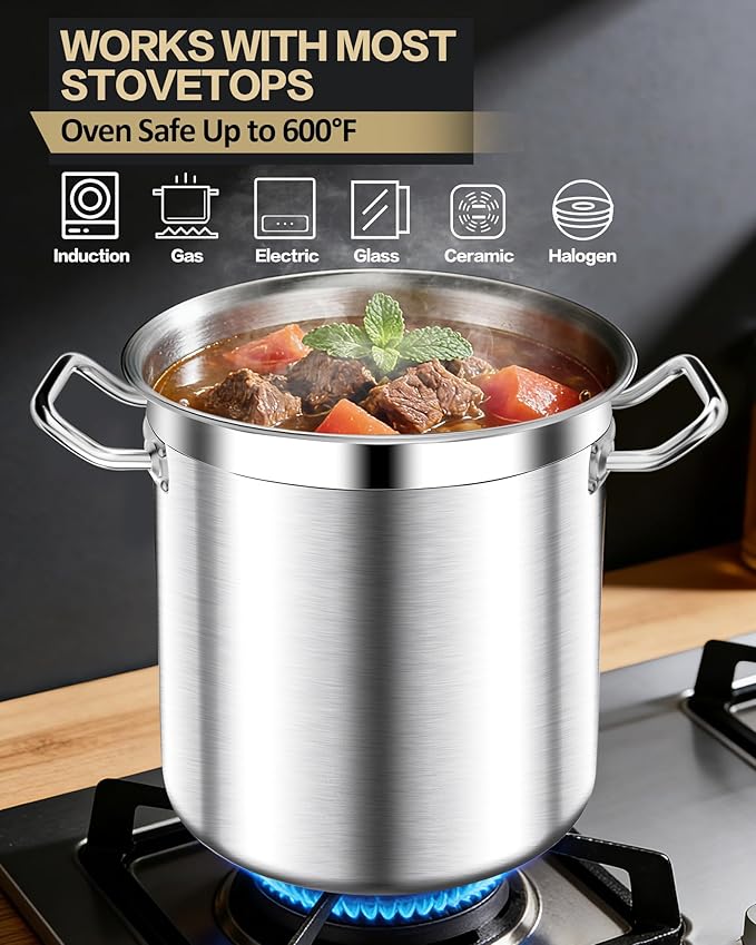 Large Stock Pot with Lid – Professional Stainless Steel Stockpot 40 Quart – Heavy Duty Cooking Pot for Catering, Soup, and Seafood Boil – Compatible with Most Cooktops
