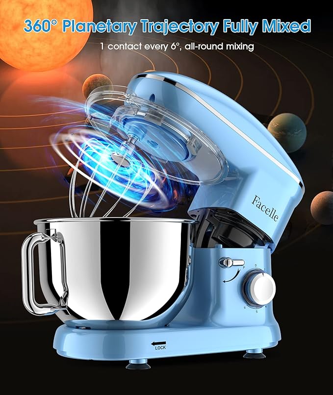 Facelle Stand Mixer, Electric Kitchen Mixer, 660W 6 Speed Tilt-Head stand mixer with Pulse, Attachments include 6.5QT Bowl, Dishwasher Safe Beater,Dough Hook,Whisk for Dough,Baking,Cakes,Cookie-Blue