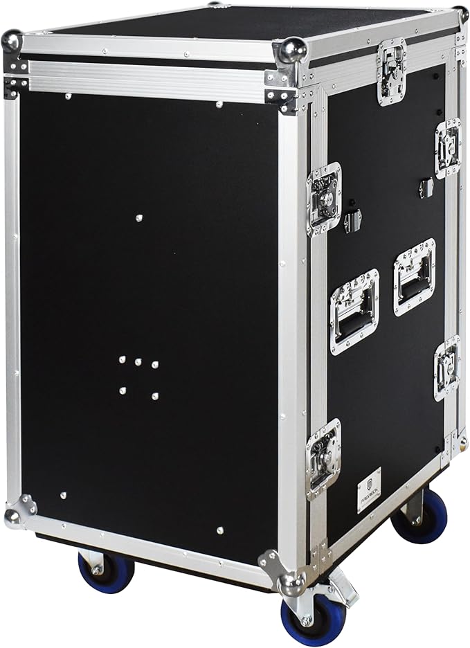 PRORECK 16U Rack/Road Case with Slant Mixer Top, One Side Table and Casters, 20'' Rackable Depth, Plywood, 16U Installation Size, Pro Stage Performance