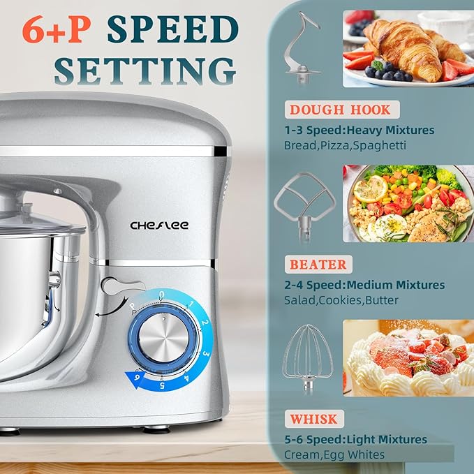 CHeflee Stand Mixer,660W 6+P With 6.5QT Stainless Steel Bowl,Dough Hook, Wire Whip & Beater,for Most Home Cooks-Silver