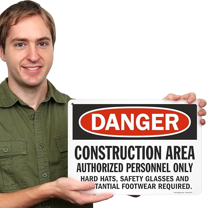 SmartSign - S-8968-AL-14 "Danger - Construction Area, Authorized Personnel Only" Sign | 10" x 14" Aluminum Black/Red on White