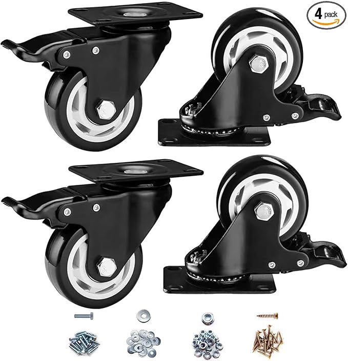 3 inch Caster Wheels, Casters Set of 4 Heavy Duty - CLOATFET Locking Swivel Casters with Brake (Top Plate), Non Marking Black Castor Wheels for Cart Furniture Workbench