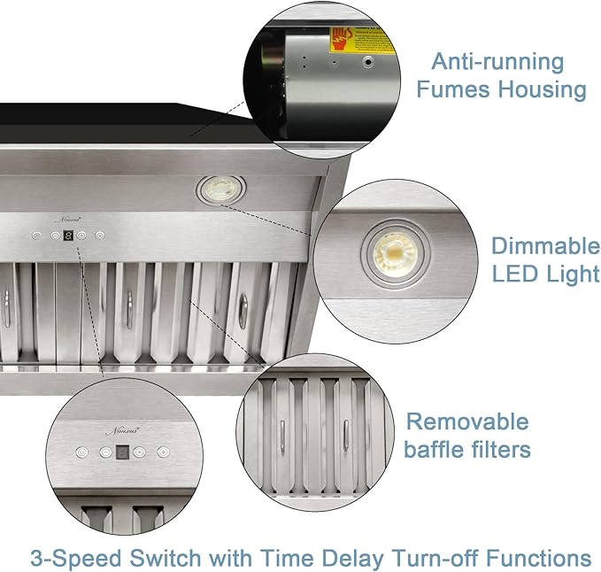 Akicon Range Hood Insert 30 Inch, Ultra Quiet, Powerful Suction Built-in Kitchen Vent Hood, Stainless Steel Ducted Stove Hood with Dimmable LED Lights Warm White, 3-Speeds 600CFM