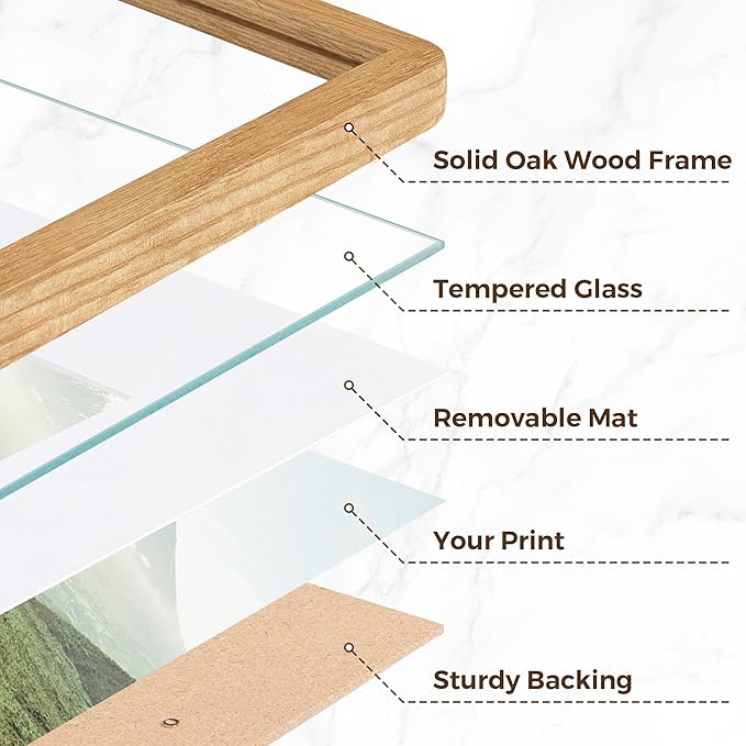 16x20 Picture Frame for Wall, Solid Oak Wood 16 by 20 Frames, 16 x 20 Poster Frame with Tempered Glass, 16x20 Frame Matted to 11x14, 16"x20" Wood Frame for Home Decor, Natural Oak Color, 1 Pack