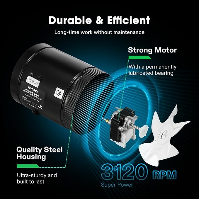 VIVOSUN Inline Booster Duct Fan 6” 275 CFM with Speed Controller, HVAC Exhaust Ventilation Fan with Low Noise for Basements, Bathrooms, Kitchens, Attics, Grow Tents