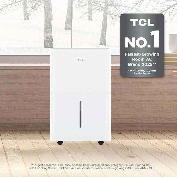 TCL 2000 Sq. Ft. Smart Dehumidifier, Energy Star Most Efficient 2024, Ultra-compact, 25 Pints Per Day, Ideal for Basements, Rooms, and Other Living Spaces, Works with Alexa/Google Assistant – H25D44W